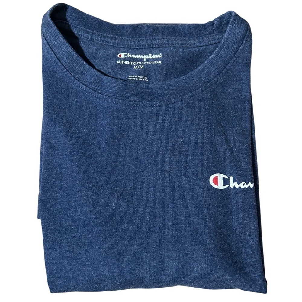 Champion Men's Medium Dark Navy Logo Tee Classic Fit Logo on front and sleeve